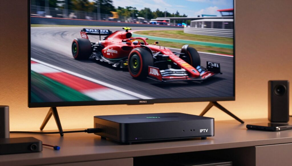 A modern IPTV streaming device prominently displayed in the foreground, showcasing its sleek design with a digital display and LED lights. The device sits on a contemporary media console, surrounded by an assortment of cables and gadgets, symbolizing a connected entertainment system. In the background, a large flat-screen TV displays a vibrant Formula 1 race scene, with cars racing around the track, capturing the excitement of the sport. The atmosphere is dynamic and energetic, enhanced by warm, inviting lighting that highlights the device. A low angle shot emphasizes the device's importance in the viewing experience, while the soft focus on the background keeps the attention on the IPTV device itself.