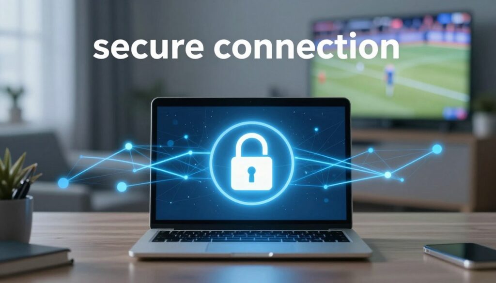 A modern and secure digital environment illustrating the concept of "secure connection" for IPTV streaming. In the foreground, a glowing laptop screen displays a locked padlock icon symbolizing security, surrounded by a soft, blue light. The middle layer features abstract representations of network connections, like glowing lines and nodes, emphasizing data flow. In the background, a blurred home office setting creates a cozy atmosphere with a subtle hint of a TV displaying sports, inferring the connection to NHL streaming. The entire scene is illuminated with cool, calming colors to evoke a sense of trust and safety. The image captures a professional yet approachable mood, highlighting the importance of privacy and security in streaming technology.