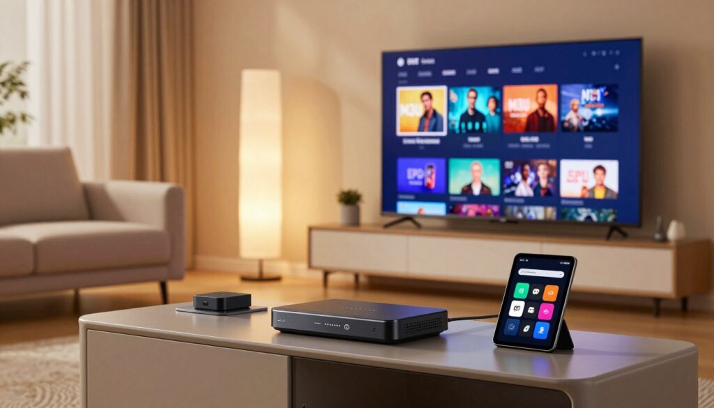A modern device setup for streaming 4K IPTV movies, positioned prominently in the foreground. The scene features a sleek television screen displaying vibrant colors, a cozy living room setting with a stylish media console, and various streaming devices like a set-top box and a tablet. The middle ground captures technical elements such as a streaming app interface on the screen, showcasing M3U configurations and an EPG guide. In the background, soft ambient lighting creates a warm atmosphere, highlighting the modern decor and a comfortable sofa. The lens focuses sharply on the devices, while the background is slightly blurred to emphasize the setup. The overall mood is inviting and tech-savvy, perfect for an engaging streaming experience.