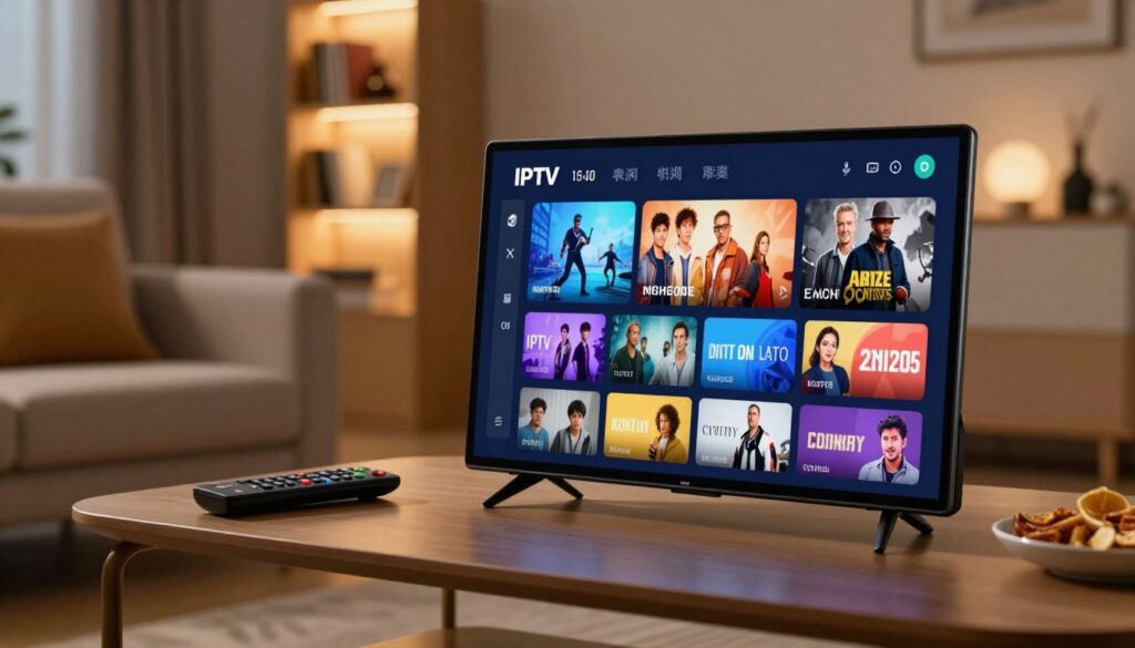 A modern electronic program guide interface displayed on a sleek digital device, prominently positioned in the foreground. The screen showcases a vibrant grid of channel listings with colorful thumbnails representing various IPTV shows and movies. The middle ground features a cozy living room setting, with comfortable seating and subtle lighting that creates an inviting atmosphere. A stylish coffee table holds a remote control and snacks. The background includes softly illuminated bookshelves, enhancing the homey feel. The overall mood is relaxed and engaging, suggesting a seamless viewing experience. The lighting is warm and inviting, simulating a late evening ambiance, with a slight depth of field effect to emphasize the program guide on the device.