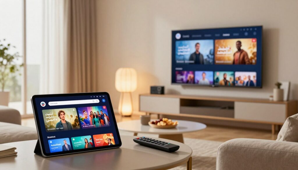A modern home environment showcasing various devices supporting IPTV, specifically highlighting compatibility with Arabic TV services. In the foreground, a sleek tablet displaying a vibrant IPTV interface, along with a smart TV mounted on the wall showing streaming content. In the middle ground, a stylish living room setting with a comfortable sofa and a small coffee table, adorned with a remote control and snacks, creating a relaxed viewing atmosphere. The background features soft, ambient lighting from a stylish lamp, adding warmth to the room. A large window allows natural light to filter in, enhancing the inviting mood. The scene conveys the ease of setup and the modernity of IPTV services, emphasizing user-friendly technology for a diverse audience.