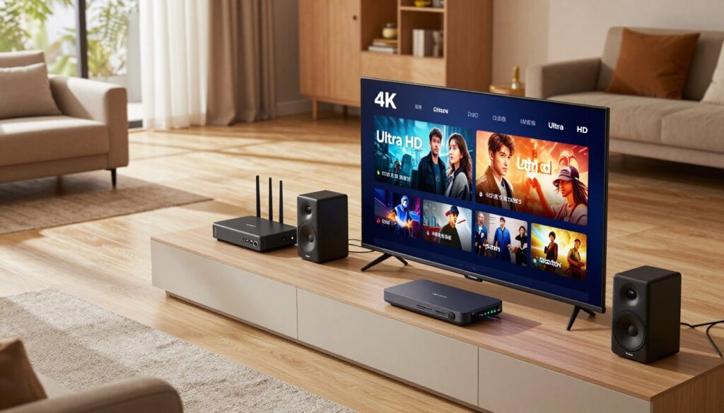 A modern home interior showcasing a sophisticated streaming network setup for 4K IPTV. In the foreground, a sleek television displays vibrant Ultra HD content, surrounded by high-end speakers and a streaming device. The middle ground features a stylish entertainment center adorned with various streaming equipment, cables neatly organized, and a router with multiple indicator lights signaling strong internet connectivity. The background illustrates a cozy living room environment with plush furniture and warm ambient lighting, creating an inviting atmosphere. Sunlight filters through large windows, casting soft shadows. The angle is slightly elevated, capturing the entire setup harmoniously, emphasizing clarity and detail to reflect the importance of internet speed and home network setup for optimal 4K streaming experiences.