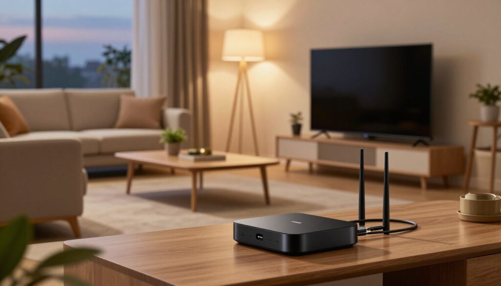 A modern home network setup featuring a Xiaomi Mi Box S prominently displayed in the foreground, connected to an HD television within a stylish living room. The Xiaomi Mi Box S should be sleek and black, positioned near a router with visible Ethernet cables, showcasing a reliable wired connection. In the middle, a cozy sofa and minimalist coffee table surrounded by indoor plants enhance the inviting atmosphere. The lighting is warm and ambient, creating a relaxed mood, with floor lamps casting soft shadows. In the background, a window offers a glimpse of evening twilight, enhancing the sense of comfort and technology coming together for an optimal streaming experience. No people are present in the image to maintain focus on the setup itself.