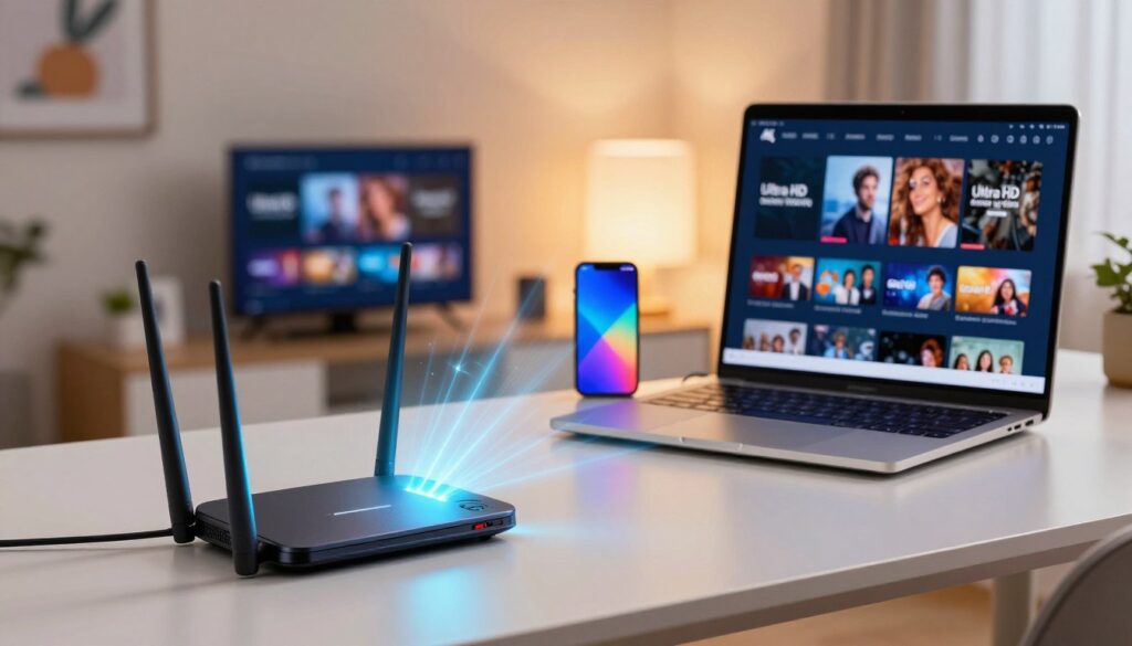 A modern home office scene depicting a strong internet connection setup, with a sleek desk featuring a high-end laptop displaying a smooth streaming interface in 4K resolution. In the foreground, a router with multiple antennas emits signals represented by vibrant, glowing lines radiating outward. The middle ground includes an organized array of connected devices, such as a smartphone and smart TV, showing seamless connectivity. In the background, soft ambient lighting adds a warm atmosphere, with a slight bokeh effect on a stylish wall art piece. The overall mood is tech-savvy and efficient, underscoring the importance of a robust home network in optimizing Ultra HD streaming. The image should be bright and inviting, emphasizing clarity and speed without any text or distractions.