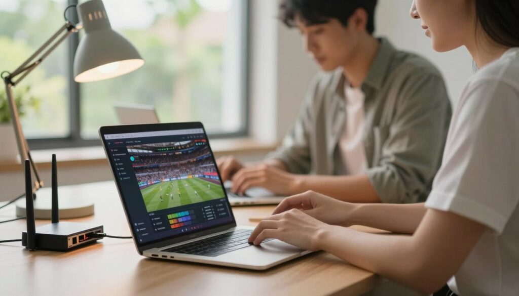 A modern home office setup focused on low latency live streaming. In the foreground, a sleek laptop displays a high-quality sports streaming interface, surrounded by professional networking equipment like a router and cables. The middle layer features a focused individual in modest casual attire, adjusting settings on the laptop, illuminated by soft ambient lighting from a stylish desk lamp. In the background, a window reveals a vibrant outdoor scene, hinting at a sunny day, enhancing the productive atmosphere. The image has a clear depth of field, with a soft focus on the background, emphasizing the foreground action. Bright, natural lighting creates an inviting and focused mood that reflects the importance of a reliable home network for seamless streaming.
