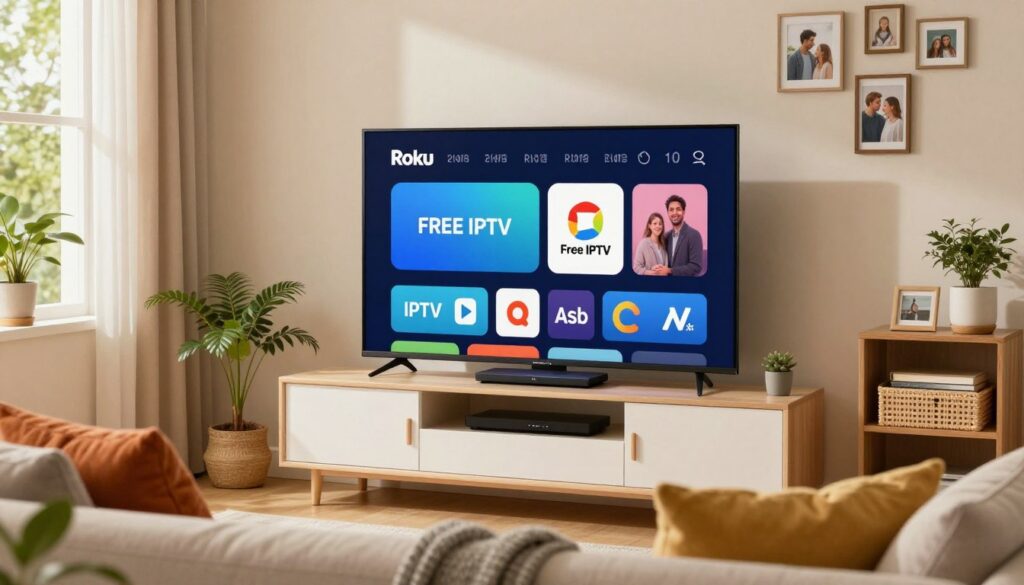 A modern living room featuring a Roku device prominently displayed on a sleek television stand. In the foreground, a comfortable couch is adorned with vibrant cushions, inviting viewers into the scene. The middle layer showcases the Roku interface on the screen, highlighting official free IPTV app icons in a visually appealing layout. In the background, a cozy window allows warm, natural light to flood the room, creating a welcoming atmosphere. The walls are tastefully decorated with family photos and greenery, emphasizing a homely, relaxed vibe. The image should capture a sense of enjoyment and relaxation while watching streaming content, with a focus on the Roku's user-friendly experience. Use soft lighting to create an inviting mood.