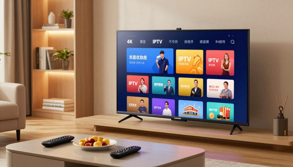 A modern living room featuring a Samsung Smart TV displaying an IPTV subscription interface on a sleek, glossy screen. In the foreground, a stylish coffee table with remote controls and snacks creates a cozy atmosphere. The middle ground highlights the TV with vibrant, colorful streaming content, emphasizing 4K resolution clarity. The background includes a soft-lit bookshelf adorned with modern decor and plants, giving a warm feel. Warm, ambient lighting fills the room, creating a relaxed yet professional atmosphere. Capture this scene from a slightly elevated angle to encompass the TV, interior design details, and evoke a sense of comfort and trust in technology. No people are present, ensuring a clean, focused view of the IPTV experience.