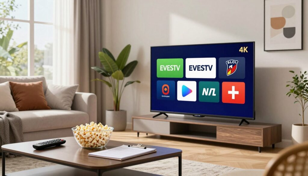 A modern living room featuring a sleek 4K television displaying various EVESTV worldwide channel logos on the screen. In the foreground, there's a stylish coffee table with a remote control, popcorn, and a notepad for planning TV viewing. In the middle, a plush sofa is adorned with cozy cushions, while a light source from a large window bathes the room in natural daylight. The background showcases a decorative wall with minimalistic art and plants, creating a relaxed and inviting atmosphere. The lighting is bright yet warm, enhancing the vibrant colors of the TV screen. The overall mood is one of comfort and excitement, perfect for viewers eager to enjoy live sports and catch-up programming in high definition.