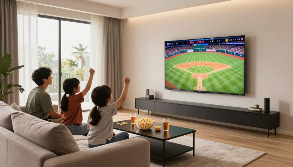 A modern living room featuring a sleek, ultra-thin smart TV mounted on the wall, displaying a vibrant baseball game to illustrate live sports streaming. In the foreground, a comfortable sectional sofa with a stylish coffee table cluttered with popcorn and drinks, inviting viewers to enjoy the game. In the middle, a family of three wearing casual, cozy attire, engaged and cheering at the screen. In the background, large windows allow natural daylight to flood in, enhancing a warm, welcoming atmosphere. Soft ambient lighting highlights the TV, emphasizing its high-definition display. The perspective should be from a slight angle, capturing the entire scene while showcasing the smart TV's design as the focal point. This inviting setup conveys the excitement of watching live sports in the comfort of home.