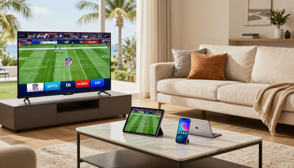 A modern living room featuring a variety of devices compatible with IPTV subscriptions, including a sleek smart TV, a tablet, and a smartphone on a stylish coffee table. In the foreground, the TV displays an NFL game in vibrant colors, highlighting the excitement of sports viewing. The middle ground shows a comfortable sofa adorned with decorative pillows, enhancing the cozy atmosphere of a Florida home. Natural light pours in from a large window, creating a warm and inviting ambiance. In the background, palm trees can be glimpsed outside, framing the scene with a hint of tropical Florida. Capture this from a slightly elevated angle to emphasize the devices and evoke a sense of modern technology seamlessly blending into everyday life.