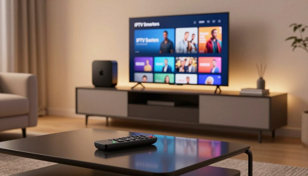 A modern living room featuring an Apple TV prominently displayed on a sleek, contemporary entertainment unit. In the foreground, a stylish remote control resting on a coffee table with a slight reflection in the glossy surface. The middle ground shows the Apple TV interface featuring the IPTV Smarters app, showcasing a variety of streaming options. The background is softly lit, with ambient lighting that radiates a warm, inviting glow, enhancing the cozy atmosphere. The scene is captured from a slightly elevated angle to provide a comprehensive view of the entire setup, emphasizing the technology and modern aesthetic. Focus on creating a relaxed, tech-savvy environment that reflects the future of entertainment in 2025-2026.
