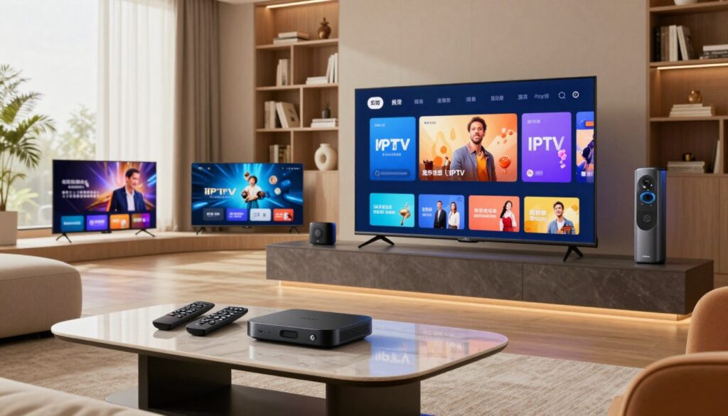 A modern living room featuring multiple smart TVs showcasing a variety of user-friendly interfaces for IPTV services. In the foreground, a sleek, elegant coffee table with remote controls and streaming device setups. The middle layer includes a large smart TV displaying vibrant content related to premium IPTV features, surrounded by plush furniture. The background captures a stylish bookshelf and window with natural light filtering in, creating a warm and inviting atmosphere. Use soft, diffused lighting to emphasize the sleekness of the devices while maintaining a cozy feel. The overall mood should convey the convenience and versatility of having multiple device compatibility in a contemporary home environment.