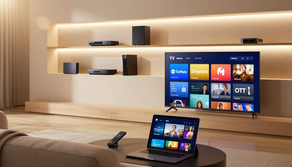 A modern living room featuring various high-tech devices used for streaming IPTV. In the foreground, a sleek smart TV displaying a vibrant screen with IPTV interfaces from TiviMate, Smarters, and OTT. The middle ground includes a comfortable couch with a remote control resting on it and an open laptop beside a tablet, showcasing the user-friendly applications. The background presents elegant shelves adorned with digital streaming devices, such as a media box, gaming console, and set-top box, all in a stylish, contemporary design. Soft, warm lighting creates an inviting atmosphere, with a slight lens flare to enhance the modern feel. The overall mood is tech-savvy and sophisticated, perfect for illustrating compatibility in IPTV players.
