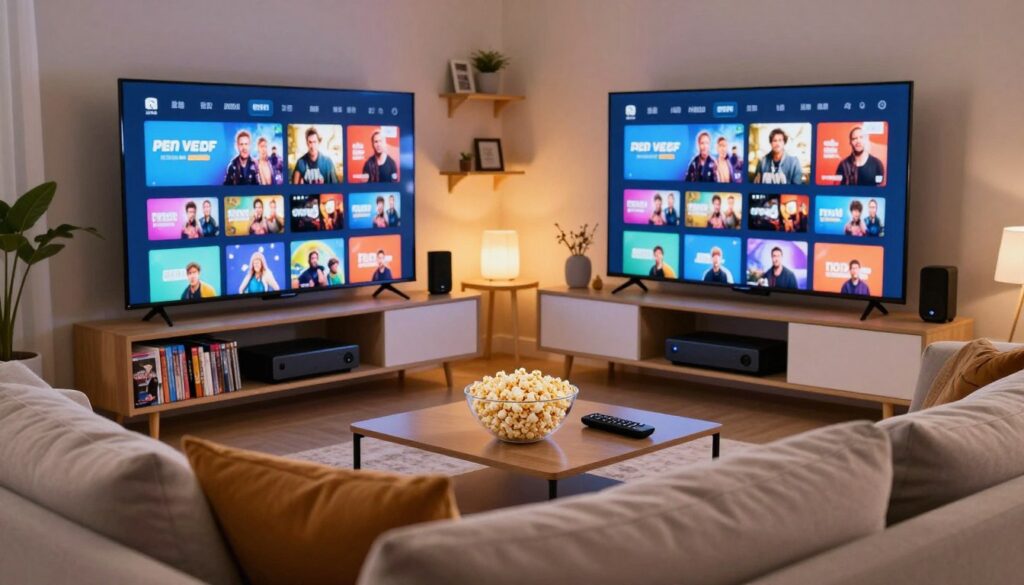 A modern living room filled with a cozy, inviting atmosphere, showcasing a large flat-screen TV displaying a colorful VOD library interface with various movie thumbnails. In the foreground, a comfortable couch adorned with plush pillows invites viewers to relax. On the coffee table, there is a bowl of popcorn and a remote control. The middle ground features shelves lined with popular DVD covers and streaming gadgets, while soft, warm lighting enhances the ambiance, reflecting an ideal setting for family movie nights. In the background, a stylish entertainment unit displays a high-end streaming device. The scene conveys the excitement and comfort of enjoying on-demand entertainment with friends and family, creating a mood of relaxation and enjoyment.