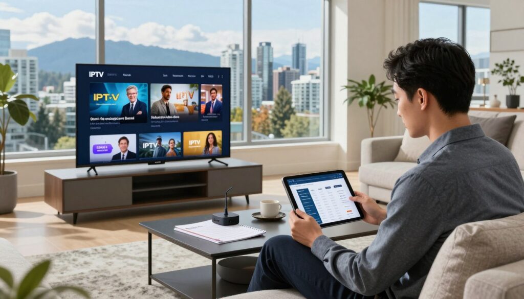 A modern living room in Vancouver, featuring a sleek television displaying IPTV content on a Firestick device. In the foreground, a professional-looking person of Asian descent, dressed in smart casual attire, sits on a comfortable couch, diligently comparing IPTV subscription options on a tablet. The middle ground showcases an elegant coffee table adorned with notes and a laptop open to a comparison website. In the background, large windows reveal a panoramic view of Vancouver's skyline with mountains under a sunny sky, adding a vibrant urban atmosphere. The lighting is bright and inviting, highlighting the rich textures of the room's decor. The image captures a sense of focused research and modern technology amid a cozy, contemporary setting.