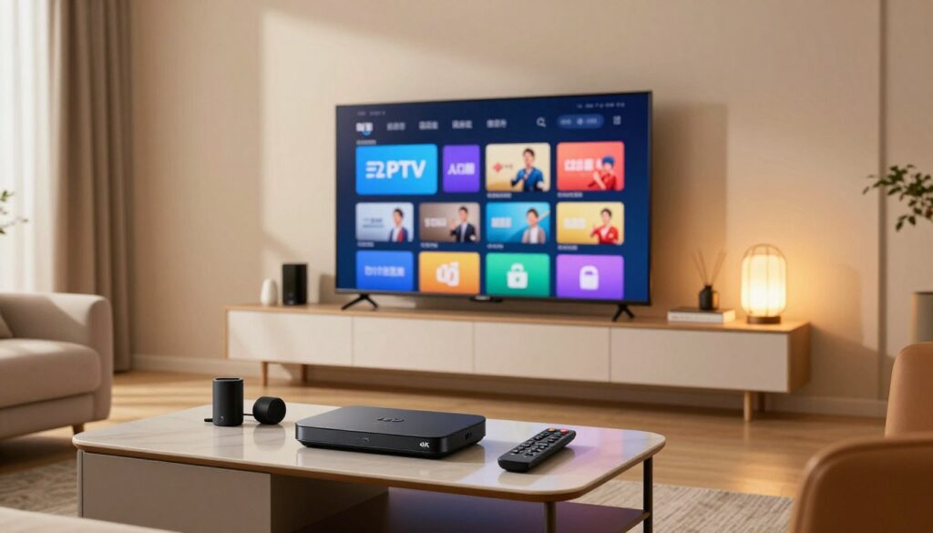 A modern living room interior, showcasing a sleek and contemporary setup for an IPTV service installation. In the foreground, a stylish coffee table with a 4K IPTV box, remote control, and various tech gadgets neatly arranged. In the middle, a large flat-screen TV mounted on the wall displaying a colorful IPTV interface, with a cozy sofa in front, inviting viewers to sit. The background features soft ambient lighting, with warm hues emanating from decorative lamps, creating a relaxed atmosphere. A subtle window light casts gentle shadows, highlighting the technology. The image conveys a sense of ease and sophistication, ideal for illustrating the setup process of IPTV services.