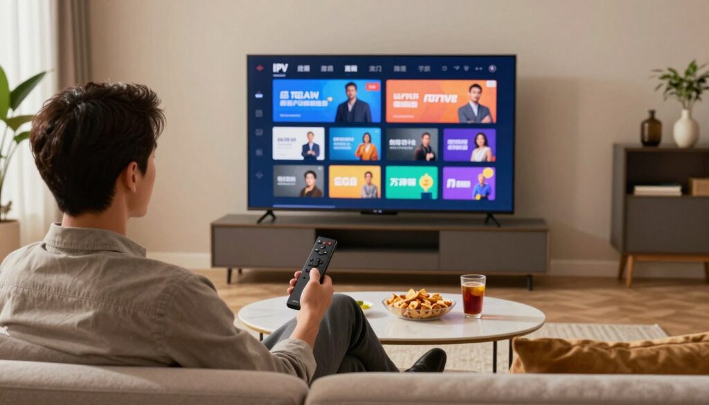 A modern living room scene featuring a sleek TV displaying a vibrant IPTV interface with various streaming options. In the foreground, a well-dressed professional is comfortably seated on a stylish couch, holding a Firestick remote, intently exploring different IPTV services. The middle of the image includes a coffee table adorned with snacks and drinks, emphasizing a relaxed viewing experience. The background features soft lighting with a hint of greenery from a nearby window, creating a welcoming and cozy atmosphere. The room is tastefully decorated, with contemporary furniture and warm colors that evoke a sense of comfort and leisure. Capture the essence of a modern entertainment setup, focusing on convenience and enjoyment.
