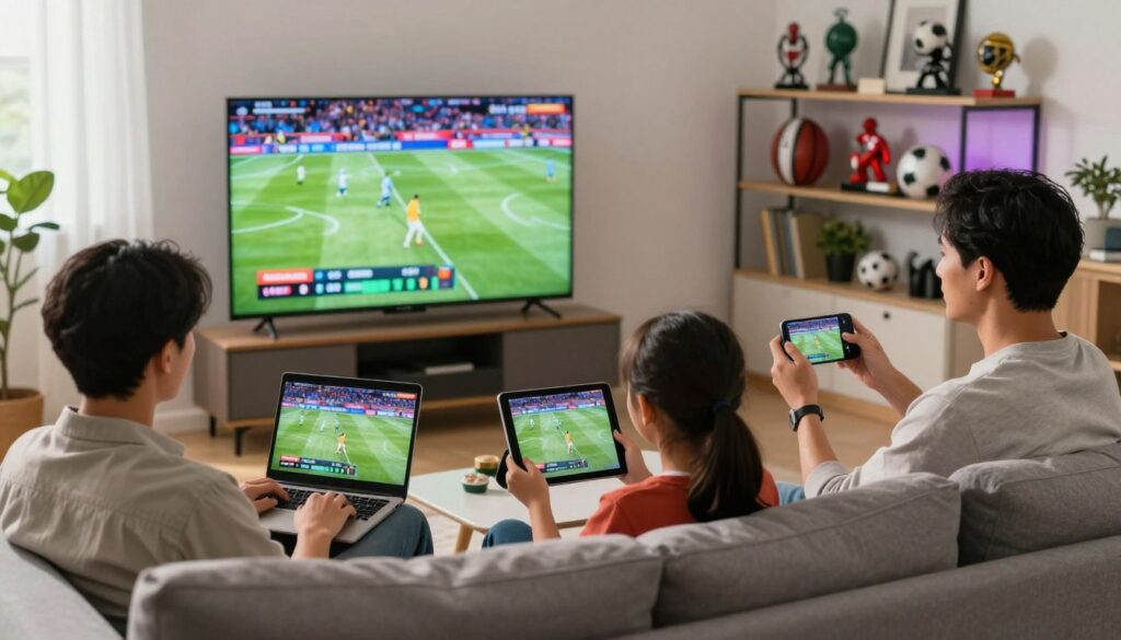 A modern living room scene showcasing a family enjoying simultaneous sports streaming on multiple devices. In the foreground, a diverse group of three people—two adults and a child—are seated comfortably on a stylish couch, each engaged with their own screen: a laptop, tablet, and smartphone respectively. The middle section features a large flat-screen TV displaying an exciting sports game. Colorful lights from the screens illuminate the room, creating a cozy yet high-tech atmosphere. In the background, a shelf is stocked with sports memorabilia, adding to the theme of sports streaming. Bright, natural lighting filters through a window, enhancing the lively mood of togetherness and shared experiences in the household. The image captures the synergy of multiple simultaneous streams seamlessly integrated into daily life.