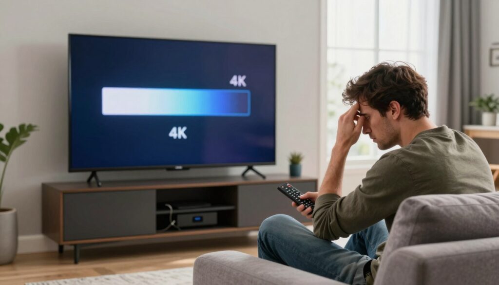 A modern living room scene showcasing a large wall-mounted 4K television displaying a buffering symbol, symbolizing playback issues. In the foreground, a frustrated individual in smart casual attire is seated on a stylish sofa, holding a remote control with a perplexed expression. The middle ground features a sleek media console with streaming devices and tangled cables, hinting at technical difficulties. The background captures a bright window with sunlight filtering through sheer curtains, illuminating a contemporary décor. The mood is tense yet relatable, reflecting common frustrations related to IPTV streaming. Use soft, natural lighting to highlight the details of the scene, with a slightly blurred focus on the television screen to emphasize the playback issue symbolism.