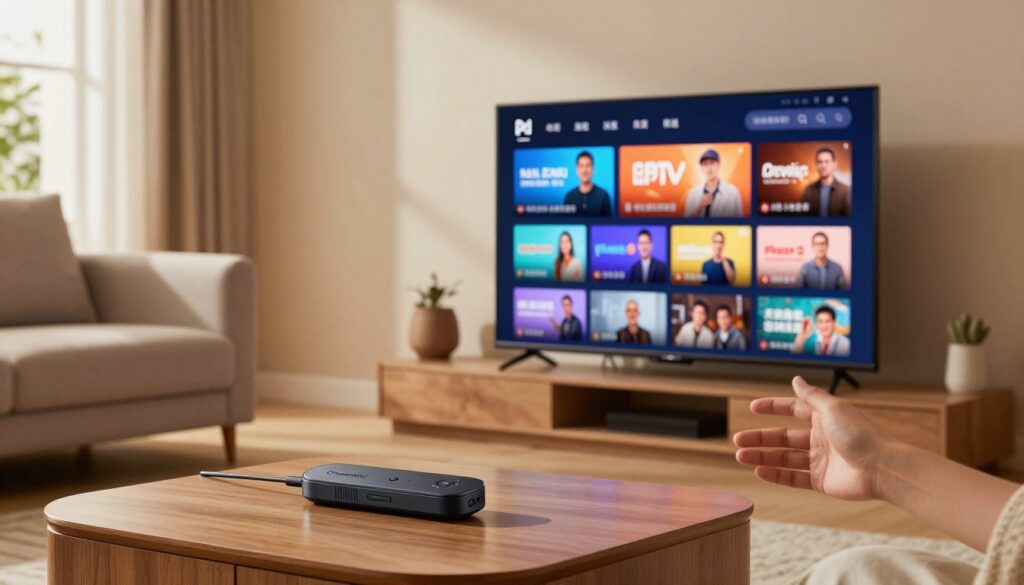 A modern living room scene showcasing a sleek Chromecast device connected to a high-definition TV, displaying vibrant IPTV channels on the screen. In the foreground, a stylish mobile device rests on a coffee table, with a hand reaching out to cast content. Soft, warm lighting illuminates the room, creating a cozy atmosphere. The couch and decor reflect a contemporary design, with subtle earthy tones and accents. In the background, a window allows natural light to filter in, enhancing the inviting ambiance. The scene captures a moment of seamless connectivity, emphasizing the ease of streaming from a mobile device to the TV. The focus is sharp and the angle is slightly elevated, providing a comprehensive view of the setup.