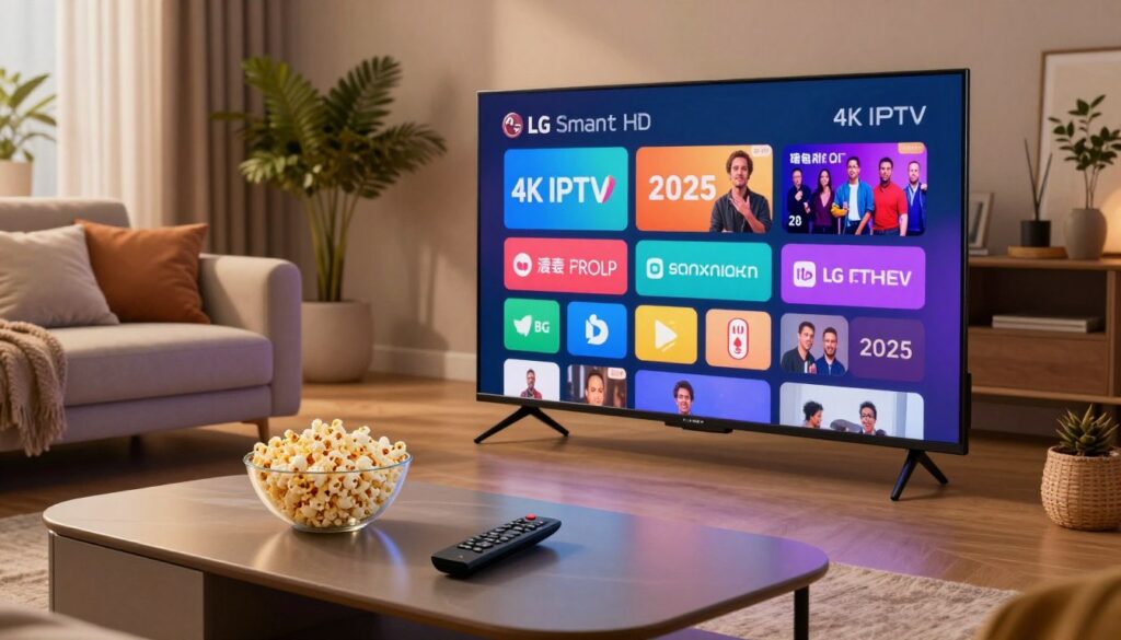 A modern living room scene showcasing an LG Smart TV displaying a vibrant 4K IPTV interface, featuring colorful icons of popular IPTV apps for streaming in 2025. In the foreground, a sleek, stylish coffee table holds a remote control and a bowl of popcorn, inviting viewers to watch. The middle ground features plush seating with cozy cushions, and decorative plants enhance the inviting atmosphere. The background reveals soft ambient lighting with warm tones, creating a relaxed home environment. The composition captures the essence of modern home entertainment, highlighting the focus on ultra HD streaming accessibility and innovation. The scene is shot with a slightly elevated angle, giving a sense of depth and comfort, conveying a sophisticated yet casual mood, perfect for engaging audiences.