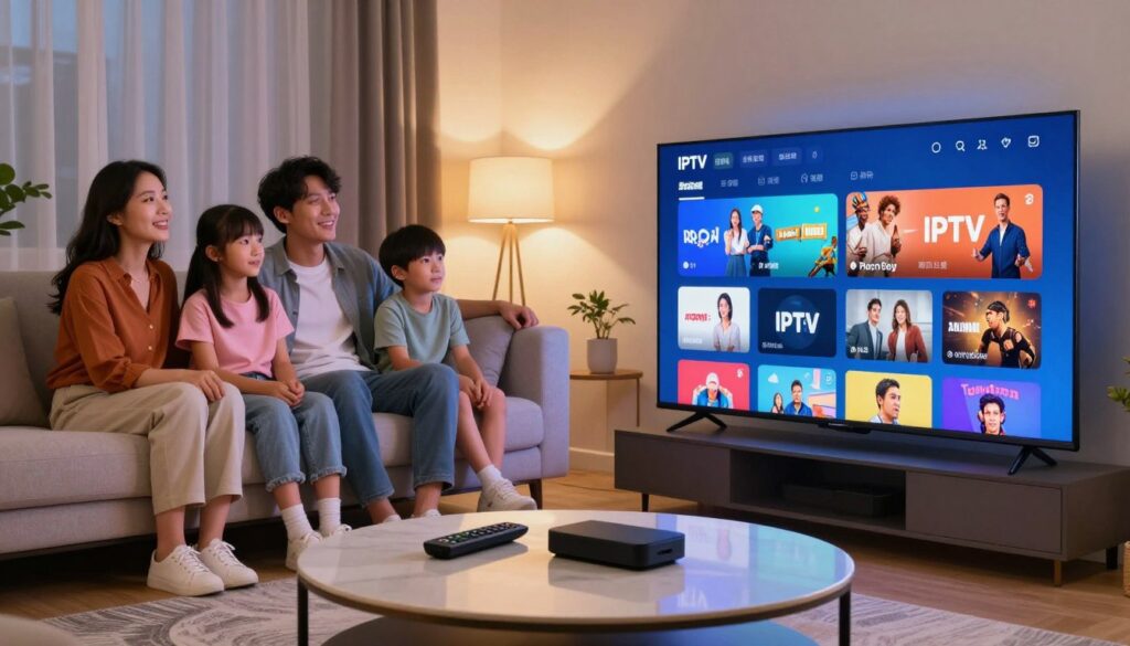 A modern living room scene showcasing an array of IPTV services. In the foreground, a sleek smart TV displays a vibrant interface filled with icons representing various IPTV channels, emphasizing user-friendly navigation. A stylish coffee table holds a remote control and a digital device, hinting at connectivity. In the middle ground, a family of four, dressed in smart casual attire, sits comfortably on a plush sofa, engaged and enjoying their IPTV streaming experience. Cheerful expressions reflect satisfaction with a diverse selection of content. The background features soft, ambient lighting with subtle decorations, creating a cozy atmosphere. Shot from a slightly elevated angle, the composition invites viewers into the world of modern entertainment options, conveying a sense of warmth and familial connection.
