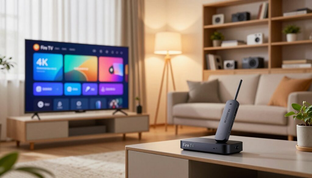 A modern living room scene showcasing essential devices for streaming 4K IPTV on a Firestick. In the foreground, a sleek, high-definition television displaying vibrant colors, with the Fire TV interface visible. Next to it, a compact streaming device like the Firestick, elegantly positioned on a stylish media console. In the middle background, a comfortable sofa is flanked by an inviting atmosphere with ambient lighting from floor lamps, casting a warm glow. An elegant bookshelf filled with tech gadgets and a subtle potted plant adds life to the scene. The mood is cozy and tech-savvy, emphasizing modern home entertainment. Utilize soft, natural lighting from windows to create a bright, welcoming ambiance, captured with a slightly angled lens for a dynamic perspective.