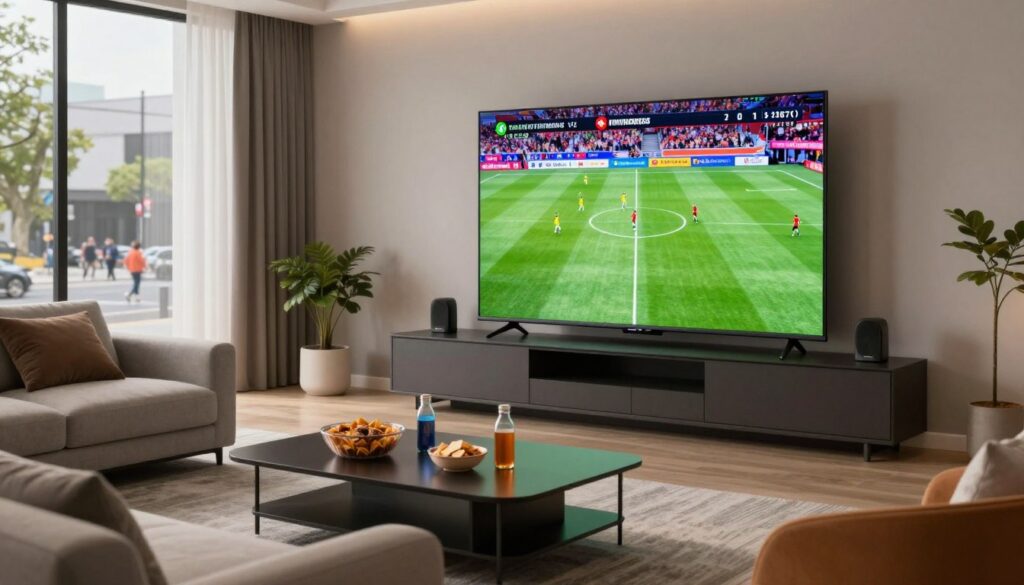 A modern living room set up for an immersive 4K IPTV viewing experience, featuring a large flat-screen TV displaying vibrant live sports action. In the foreground, stylish furniture with comfortable seating is arranged around a sleek coffee table, adorned with snacks and beverages. The middle ground showcases the high-resolution TV, with colorful graphics illustrating a thrilling football match, emphasizing motion and excitement. The background includes contemporary decor, soft ambient lighting, and large windows featuring a view of a lively street, enhancing the overall atmosphere. The scene conveys anticipation and enjoyment, perfect for watching big events. The lighting is bright yet soft, creating a warm and inviting environment, while the angle captures both the excitement on the screen and the comfort of the setting.