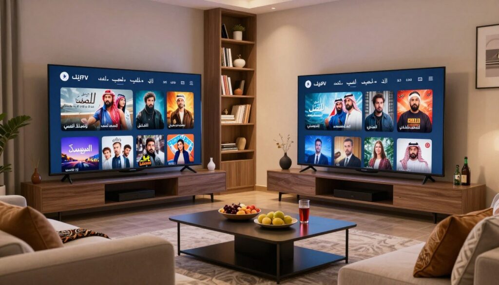 A modern living room setting designed for watching TV, in the foreground a sleek flat-screen television displaying a vibrant interface of an Arabic IPTV app, showcasing various movie and series thumbnails. In the middle ground, a comfortable couch with an intricately patterned throw and pillows adds warmth to the scene, accompanied by a stylish coffee table carrying snacks and beverages. The background features a cozy bookshelf filled with Arabic literature and decorative items. Soft, ambient lighting creates an inviting atmosphere, highlighting the details of the room. The image evokes a sense of entertainment and cultural richness, emphasizing the accessibility of alternative Arabic TV options for viewers in the US. A wide-angle lens captures the spacious feel of the room.