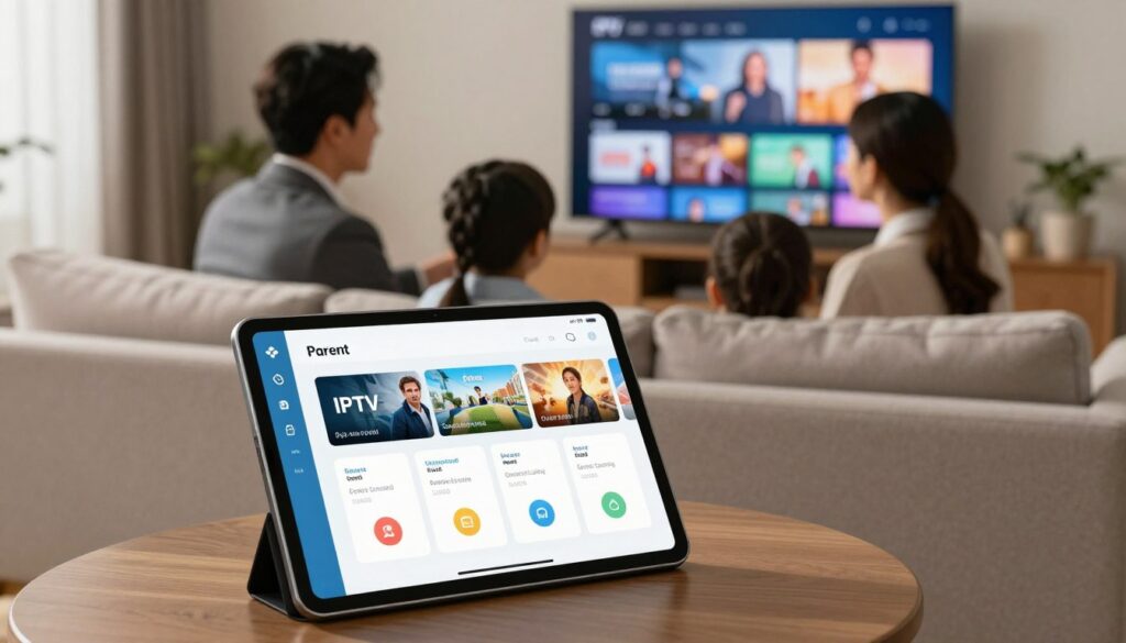 A modern living room setting emphasizing IPTV parental control features. In the foreground, a sleek tablet displaying an intuitive user interface with various parental control options, such as age restrictions and content filters. The middle layer showcases a comfortable family couch, with two parents in professional business attire, discussing safety settings with their children, who are attentively engaged. The background features a large screen displaying IPTV content options, soft ambient lighting creating a warm, secure atmosphere. The angle captures the family dynamic, with a focus on the tablet and the screen, ensuring a balanced composition. The mood should feel nurturing and protective, highlighting the importance of family safety in digital entertainment.