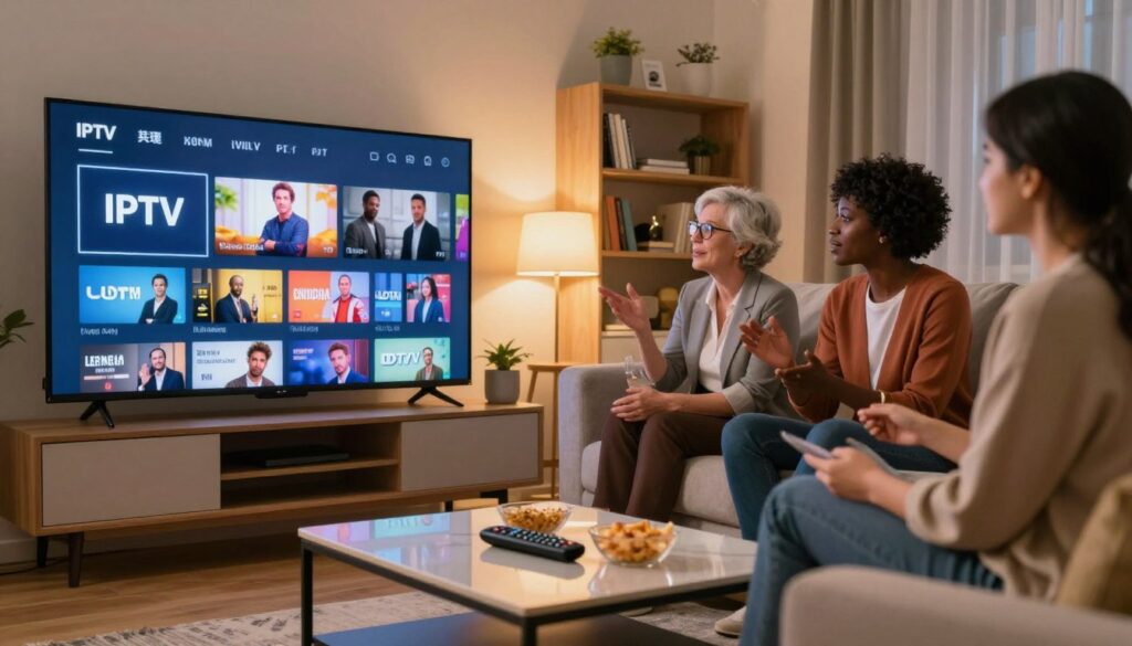 A modern living room setting featuring a large flat-screen TV displaying a vibrant IPTV channel lineup interface. In the foreground, a sleek coffee table is adorned with a remote control and snacks, creating a cozy atmosphere. The middle ground features a comfortable sofa with plush cushions, where a small group of diverse individuals in professional casual clothing are focused on the TV, engaged in conversation about their favorite channels. The background showcases soft, ambient lighting that enhances the warm tones of the room, with shelves displaying books and decorative items. The overall mood is lively and inviting, capturing the excitement of selecting live TV channels for streaming.