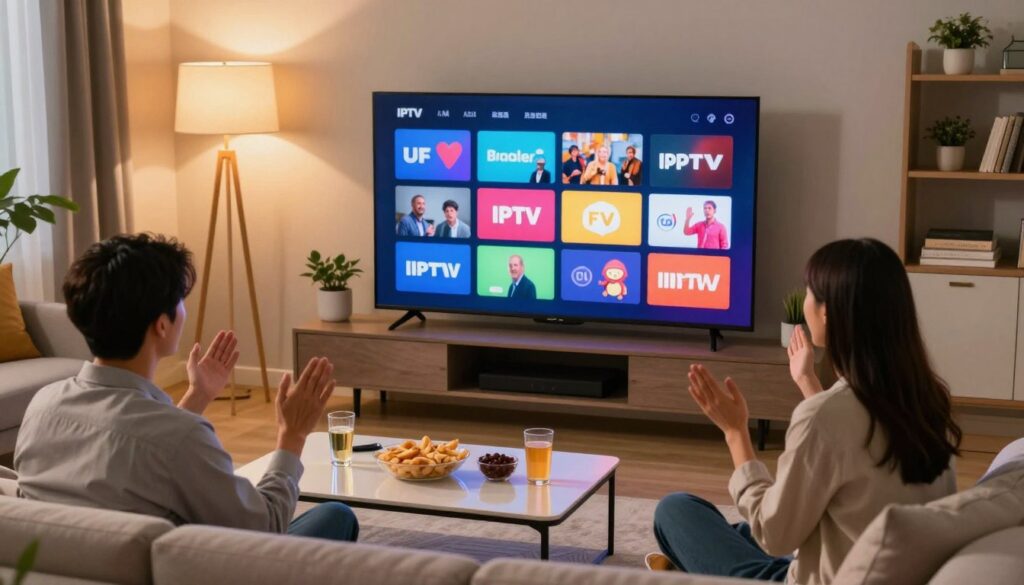 A modern living room setting featuring a large, flat-screen TV displaying vibrant IPTV channel icons, showcasing a wide variety of live TV channels available in the US. In the foreground, a stylish coffee table with snacks and drinks, surrounded by a cozy couch where two professional-looking individuals (one male, one female) are enjoying a seamless streaming experience, exuding excitement and engagement. The middle ground highlights the colorful, dynamic display on the TV, while the background shows warm, inviting lighting from lamps and subtle decor elements like plants and bookshelves, creating a comfortable atmosphere. The image should be captured in a slightly elevated angle, giving an immersive perspective, with soft, even lighting to evoke a sense of modern entertainment and convenience.