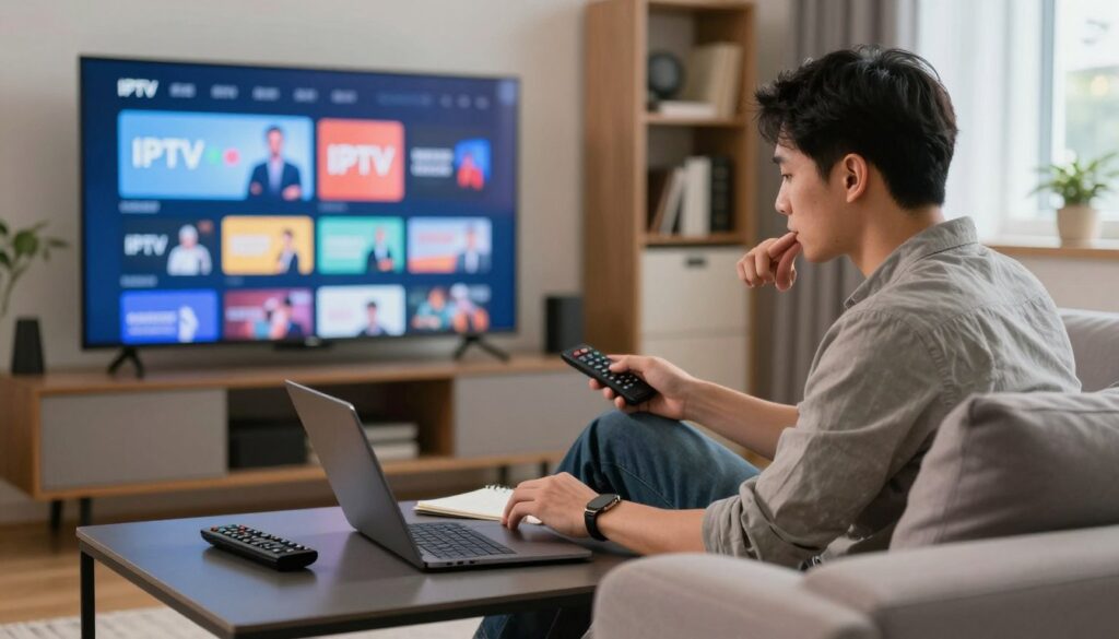 A modern living room setting featuring a professional individual in smart casual attire, focused on a large flat-screen TV displaying an IPTV interface with various streaming options. In the foreground, a sleek coffee table adorned with a remote control and a smartphone. In the middle, the individual sits comfortably on a stylish couch, one hand on the remote, while the other is thoughtfully typing notes on a laptop. The background shows a cozy ambiance with soft lighting, a bookshelf with tech-related books, and a window letting in warm, natural light. The mood is one of concentration and interest, emphasizing the theme of legal and safety considerations in using IPTV services.