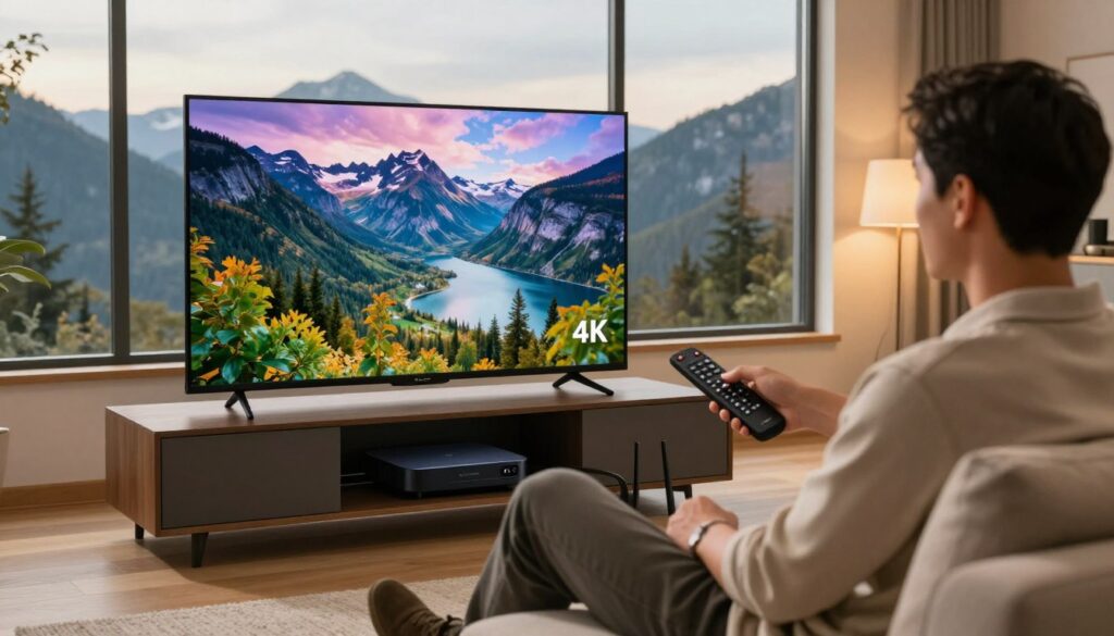 A modern living room setting featuring a sleek 4K television displaying a vibrant landscape of British Columbia, showcasing natural beauty. In the foreground, a professional individual in modest casual attire sits comfortably on a stylish sofa, remote in hand, with an expression of focus and engagement. The middle ground highlights an organized entertainment setup, including a high-end IPTV device and a router with efficient cable management. Warm, ambient lighting enhances the cozy atmosphere, while large windows in the background reveal a scenic view of the mountains, suggesting reliability and connection. The composition is shot from a slight low angle to emphasize the technology and the immersive experience of 4K streaming, creating a mood of comfort and reliability in media consumption.