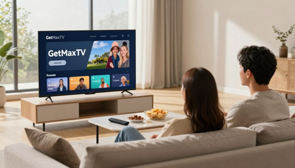 A modern living room setting featuring a sleek TV displaying the "GetMaxTV" interface, emphasizing its user-friendly layout. In the foreground, a cozy sofa with a couple of viewers, a man and a woman, dressed in smart-casual attire, engaged in watching live TV. The middle ground showcases a stylish coffee table with a remote and snacks. In the background, large windows allow natural light to flood the room, creating a warm and inviting atmosphere. Soft shadows cast by furniture add depth. The focus is on the TV and the engaged viewers, enhancing the sense of a reliable and enjoyable IPTV experience. The overall mood is relaxed and family-friendly, perfect for showcasing entertainment in a modern home environment.