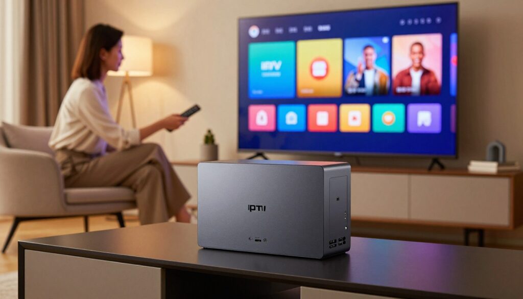 A modern living room setting featuring a sleek android box prominently displayed on a stylish media console. In the foreground, the android box is surrounded by a vibrant array of IPTV content visible on a large flat-screen TV, showcasing various app icons in bright colors. In the middle ground, a user casually dressed in a professional outfit navigates the interface using a remote control, their focused expression indicating engagement with the technology. The background is decorated with warm lighting, soft shadows, and contemporary furniture that enhances the cozy atmosphere. The scene is slightly angled to emphasize the hardware performance of the android box, with sharp details highlighting its ports and sleek design, creating an inviting and tech-savvy vibe.