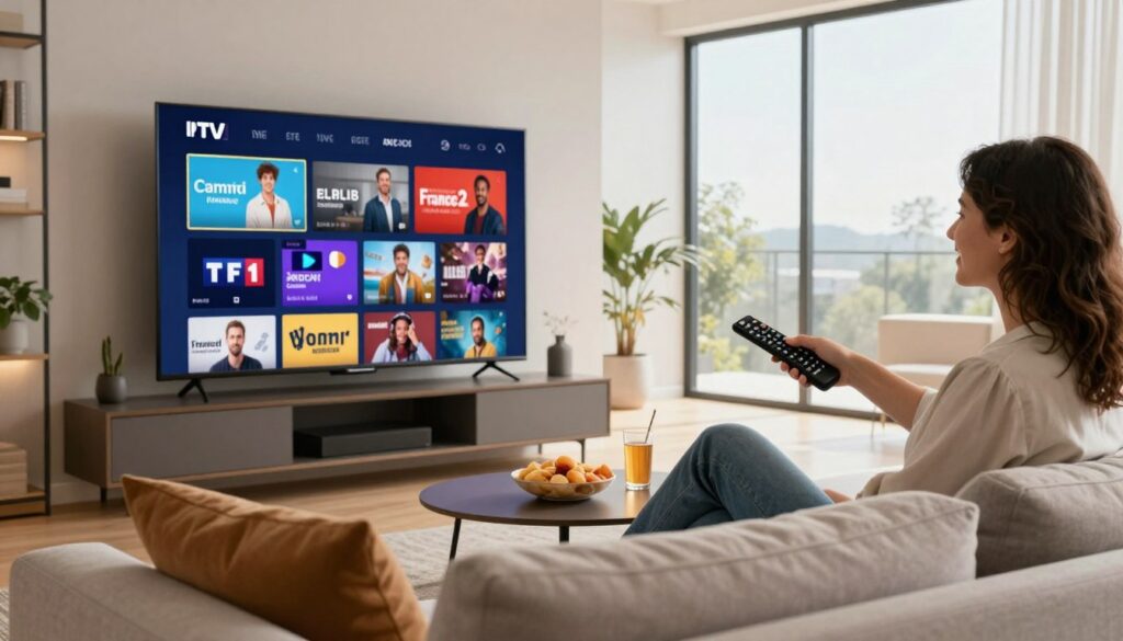A modern living room setting featuring a sleek flat-screen TV displaying a vibrant IPTV interface showcasing various channel icons, including popular French channels like TF1 and France 2. In the foreground, a cozy sofa with stylish cushions is placed, alongside a coffee table with snacks and beverages. Soft ambient lighting creates a warm and inviting atmosphere, while a large window in the background reveals a bright day outside, enhancing the feeling of comfort. A person, dressed in casual business attire, is seated on the sofa, engaged with a remote control, expressing joy and satisfaction. The entire scene embodies the key benefits of IPTV subscriptions, focusing on convenience and entertainment. The angle captures the depth of the room, ensuring a balanced composition.