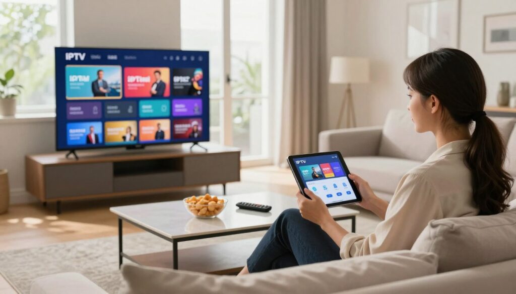 A modern living room setting featuring a smart TV displaying vibrant IPTV channel options. In the foreground, a well-dressed professional woman sits comfortably on a stylish couch, actively using a tablet to navigate the IPTV free trial interface. The middle ground includes a sleek coffee table with a bowl of snacks and a remote control, enhancing a cozy viewing atmosphere. In the background, large windows allow natural light to flood the room, creating a warm and inviting environment. The overall mood is relaxed and engaging, emphasizing the accessibility and enjoyment of testing IPTV services. Soft, diffused lighting sets a homey tone, with a wide-angle view to capture the entire scene without any distractions.