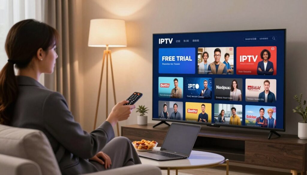 A modern living room setting, focused on a sleek television in the foreground displaying various IPTV streaming options on the screen, conveying the theme of a free trial. A woman in professional business attire is sitting comfortably on a stylish sofa, using a remote control with a thoughtful expression, illustrating the idea of effortless access to premium content. In the middle ground, there are subtle decorations like a coffee table with snacks and a laptop, emphasizing a cozy atmosphere. The background features soft lighting from a nearby lamp, creating a warm, inviting ambiance. The overall mood is one of excitement and ease, inviting viewers to explore new television experiences without risk.