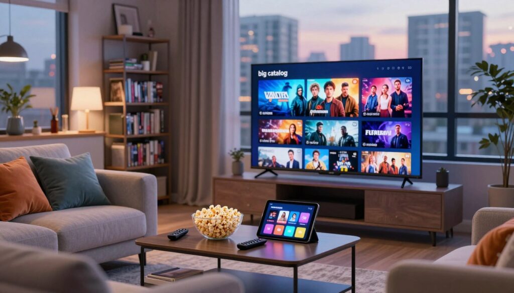 A modern living room setting illuminated by soft, ambient lighting, showcasing a sleek television displaying a vibrant selection of VOD movies and series thumbnails. In the foreground, a cozy couch with colorful cushions invites relaxation. A stylish coffee table is adorned with popcorn, a remote, and a tablet showing streaming options. The middle ground features shelves filled with DVDs and decor, emphasizing a “big catalog” of entertainment. In the background, large windows reveal a cityscape, hinting at a lively urban environment. The atmosphere is warm and inviting, appealing to families and individuals alike, capturing the essence of home entertainment. The scene is shot with a 35mm lens, creating a slight depth of field, enhancing focus on the TV display while softly blurring the surroundings.