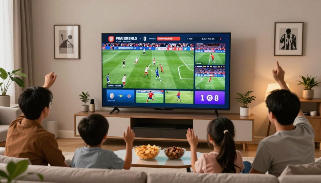 A modern living room setting showcasing a large, sleek television screen displaying multiple live sports streaming channels. In the foreground, a family in modest casual clothing is gathered on a comfortable sofa, excitedly watching a sports event, with bowls of snacks on a coffee table. The middle ground features the television vividly displaying various sports games, with dynamic graphics and vivid action shots from football, basketball, and soccer. The background reveals a warm, inviting home atmosphere with soft ambient lighting, decorative plants, and sports memorabilia adorning the walls. The overall mood is energetic and engaging, capturing the essence of premium entertainment in a contemporary home environment.