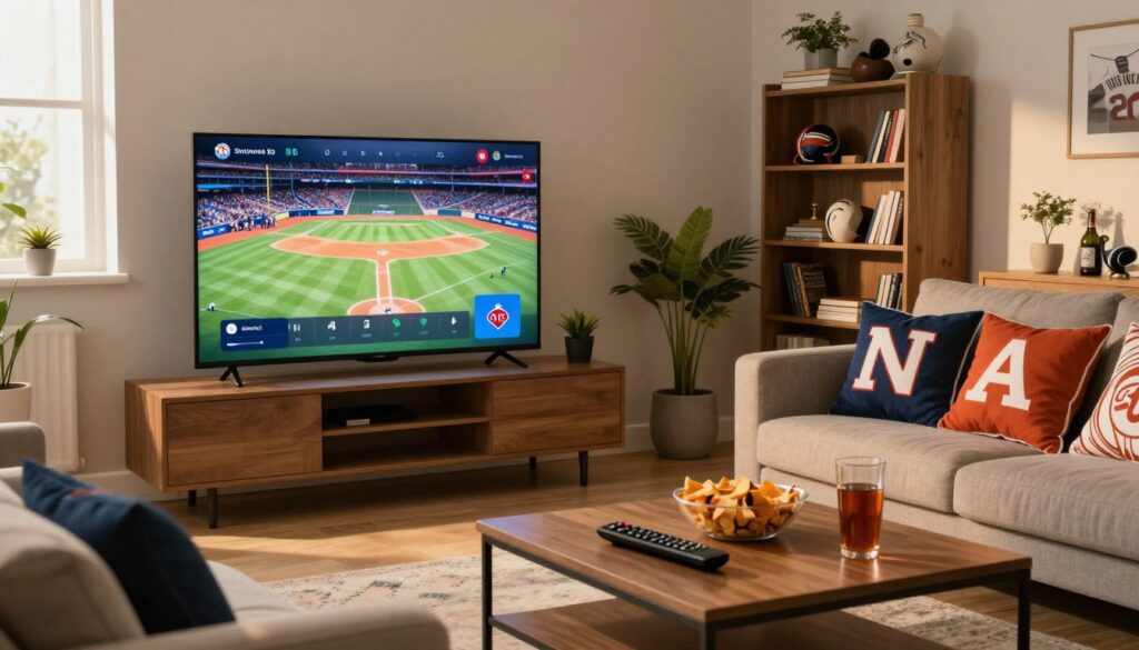 A modern living room setting, showcasing a sleek flat-screen TV displaying a vibrant baseball game, emphasizing the excitement of streaming services. In the foreground, a comfortable couch adorned with team-themed pillows, while a coffee table holds snacks and drinks. In the middle, a remote control lies on the table, hinting at user-friendly navigation of the streaming interface. The background features a stylish bookshelf filled with sports memorabilia and plants, creating a cozy yet energetic atmosphere. Soft, natural lighting filters in through a window, casting warm glows throughout the room, enhancing the inviting mood. The composition is angled slightly from the side, capturing both the TV and the welcoming environment of a fan's favorite viewing space.