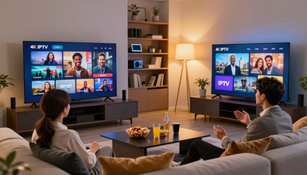 A modern living room setting showcasing a sleek television displaying vibrant 4K IPTV content. In the foreground, a comfortable couch with plush cushions and a stylish coffee table, surrounded by snacks and drinks. The middle layer reveals a diverse group of three individuals in professional business attire, engaged in conversation while enjoying their streaming experience, highlighting different use cases. The background features a contemporary bookshelf filled with tech gadgets and decor, softly illuminated by warm, ambient lighting from stylish lamps, creating an inviting atmosphere. The overall mood is relaxed and engaging, emphasizing the joy of watching diverse content seamlessly on IPTV. The image should have a clear focus on the lively interaction, with a slight bokeh effect for depth.