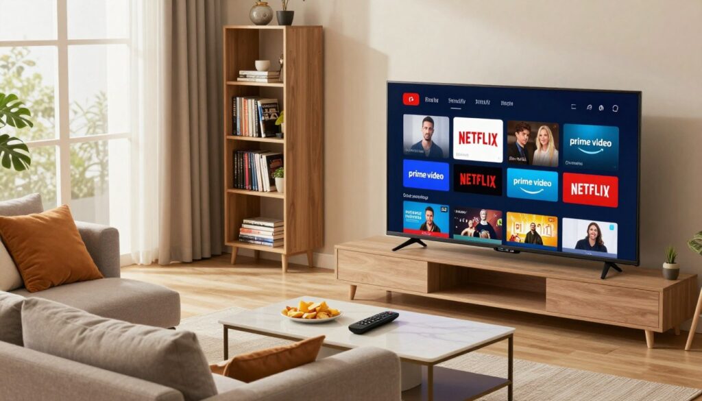 A modern living room setting showcasing internet protocol television (IPTV) technology. In the foreground, a sleek smart TV displays popular streaming services like Netflix and Prime Video in a vibrant, visually appealing user interface. A comfortable couch with colorful cushions is positioned in front of the TV, while a stylish coffee table holds a remote control and snacks. In the middle ground, a stylish bookshelf features a mix of DVDs and decorative items, reinforcing the cord-cutting theme. The background reveals a window with soft, natural light filtering in, creating a cozy and inviting atmosphere. The image should be shot from a slightly elevated angle, using a warm color palette to convey a sense of relaxation and modern living.