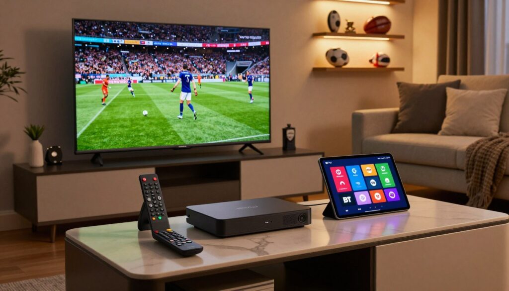 A modern living room setting showcasing various IPTV streaming devices on a stylish entertainment unit. In the foreground, sleek remote controls and a tablet displaying a vibrant user interface with icons for channels like BT Sport and TNT Sports. In the middle, a large flat-screen TV shows a dynamic sports scene featuring football and rugby, creating excitement and engagement. The background consists of a cozy sofa with cushions, dimmed lighting that evokes a relaxed viewing atmosphere, and a decorative shelf with sporting memorabilia. The scene should have warm tones with soft shadows, captured from a slightly elevated angle to enhance depth, promoting a sense of comfort and modern technology in home entertainment.