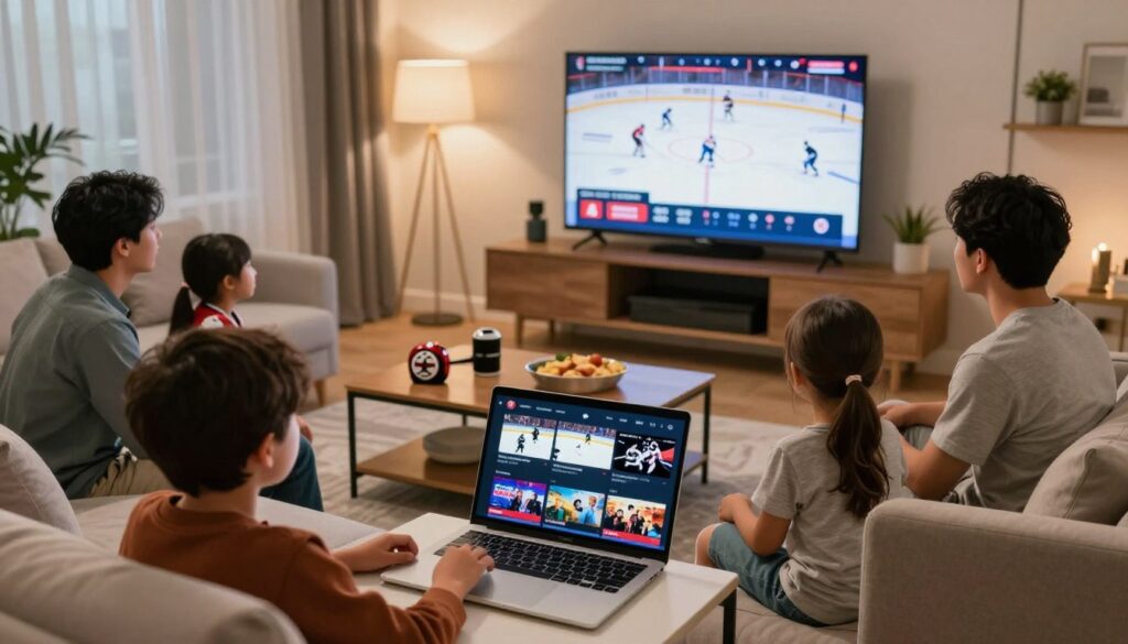 A modern living room setting showing a family of four in comfortable, casual clothing discussing streaming options for hockey games. In the foreground, a laptop is open, displaying various streaming platforms with hockey games featured prominently. The middle ground features a coffee table with hockey memorabilia and snacks, setting a cozy atmosphere. The background includes a large flat-screen TV mounted on the wall, showing an exciting live hockey match. Soft, warm lighting enhances the inviting feel of the room. Use a wide-angle lens to capture the entire atmosphere, with a slightly elevated angle to include all elements effectively. The mood reflects camaraderie and enthusiasm for hockey viewing, appealing to fans seeking the best streaming options.