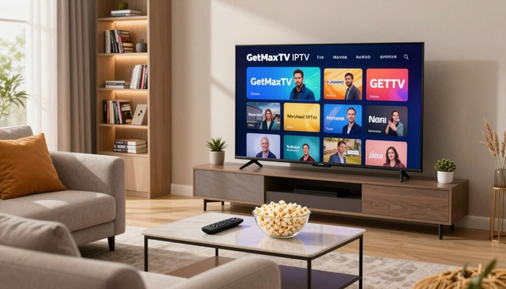 A modern living room setting that emphasizes relaxation and entertainment, featuring a large, sleek flat-screen TV showcasing the GetMaxTV IPTV service interface. The foreground includes a comfortable sofa with vibrant cushions, a stylish coffee table with a remote control and a bowl of popcorn. In the middle, the TV should display a colorful, dynamic visual representing a variety of streaming options. The background could include a soft-lit bookshelf filled with DVDs and books, creating a cozy atmosphere. Natural light filters through large windows, casting gentle shadows that enhance the inviting feel of the room. The overall mood should be warm and inviting, illustrating the convenience and pleasure of enjoying IPTV at home.