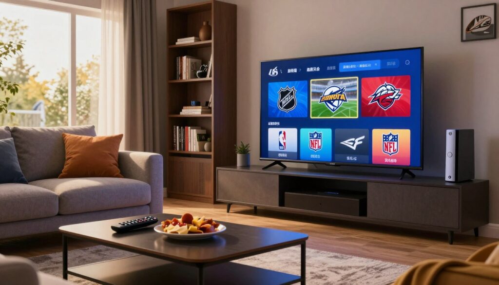 A modern living room setting with a large flat-screen TV displaying various sports league logos, such as the NHL, NBA, and NFL, symbolizing league-specific add-ons for streaming. The foreground features a stylish coffee table with remote controls and snacks, creating a cozy viewing atmosphere. In the middle, a comfortable sofa with plush cushions invites relaxation, with a window letting in warm, natural light, enhancing the inviting mood. The background shows bookshelves lined with sports memorabilia and a large wall-mounted gaming console. The scene is illuminated by soft, ambient lighting, creating a harmonious and engaging ambiance perfect for sports enthusiasts. The overall atmosphere should reflect excitement and convenience in accessing sports streaming options.