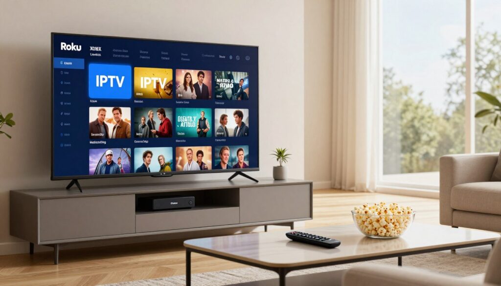 A modern living room setting with a sleek Roku device prominently displayed on a stylish entertainment center. In the foreground, a smart TV screen shows a vibrant interface of a legal IPTV app, showcasing diverse genres like movies, sports, and shows. In the middle, a coffee table holds a remote control and popcorn, suggesting a cozy viewing experience. The background features large windows allowing natural light to stream in, creating a warm and inviting atmosphere. The lighting is soft and balanced, emphasizing a relaxed mood. No people are present, ensuring focus remains on the technology and the legal IPTV concept. The overall tone is professional and contemporary, ideal for illustrating legal IPTV subscriptions in a residential space.