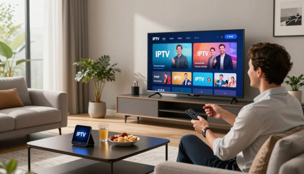 A modern living room setting with a sleek, large flat-screen TV displaying vibrant content related to IPTV streaming. In the foreground, a stylish coffee table with smart devices, snacks, and drinks. The middle layer features an inviting couch with a person in professional business attire, joyfully interacting with a remote, showcasing their satisfaction with the IPTV service. Natural light streams in through large windows, creating a warm atmosphere. The background includes subtle decor like houseplants and framed artwork, emphasizing a contemporary vibe. Focus on an engaging, upbeat mood, highlighting the comfort and enjoyment of premium IPTV services. Use a cinematic angle to capture the essence of a cozy entertainment space.